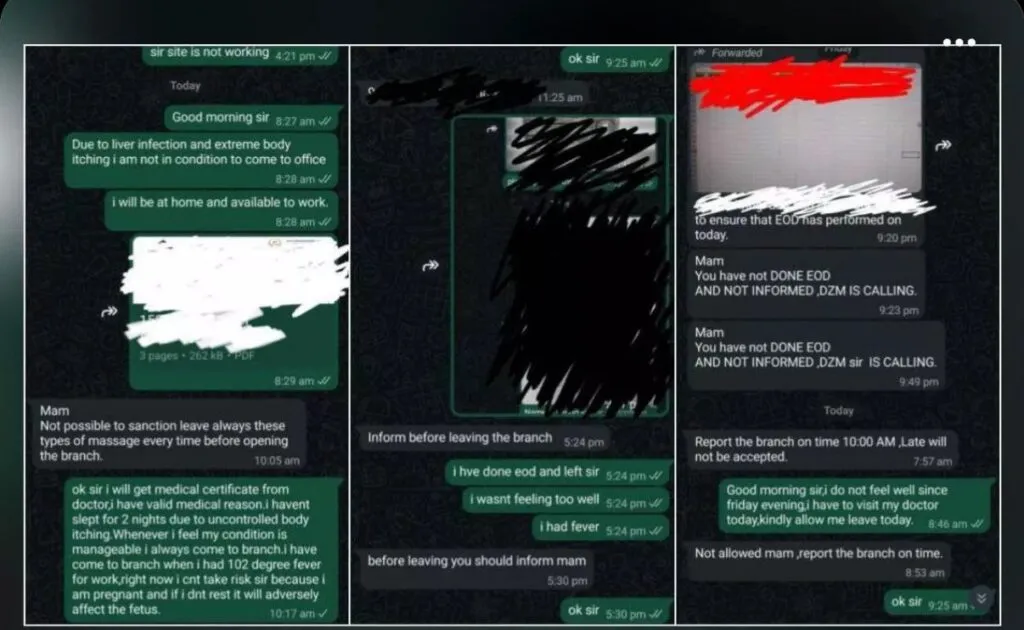 Screenshot showing chats between pregnant employee and her manager