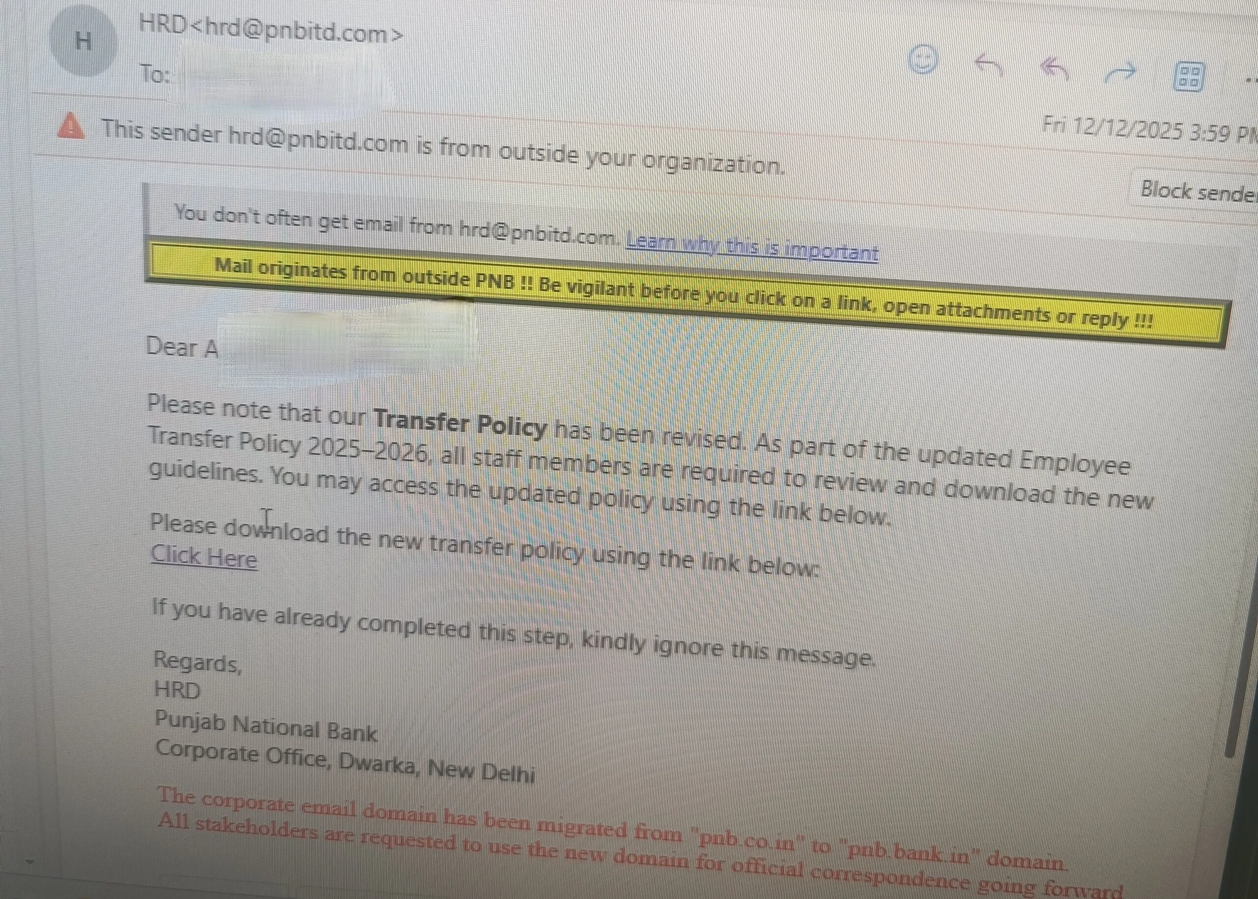 PNB Staff receive phishing Email, Fake PNB Email Nearly Traps Staff in Cyber Fraud