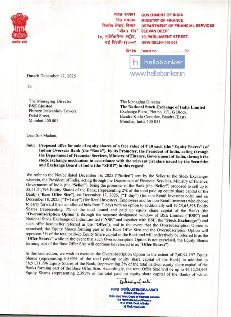 Government letter regarding sell of Stake in Indian Overseas Bank - Page 1