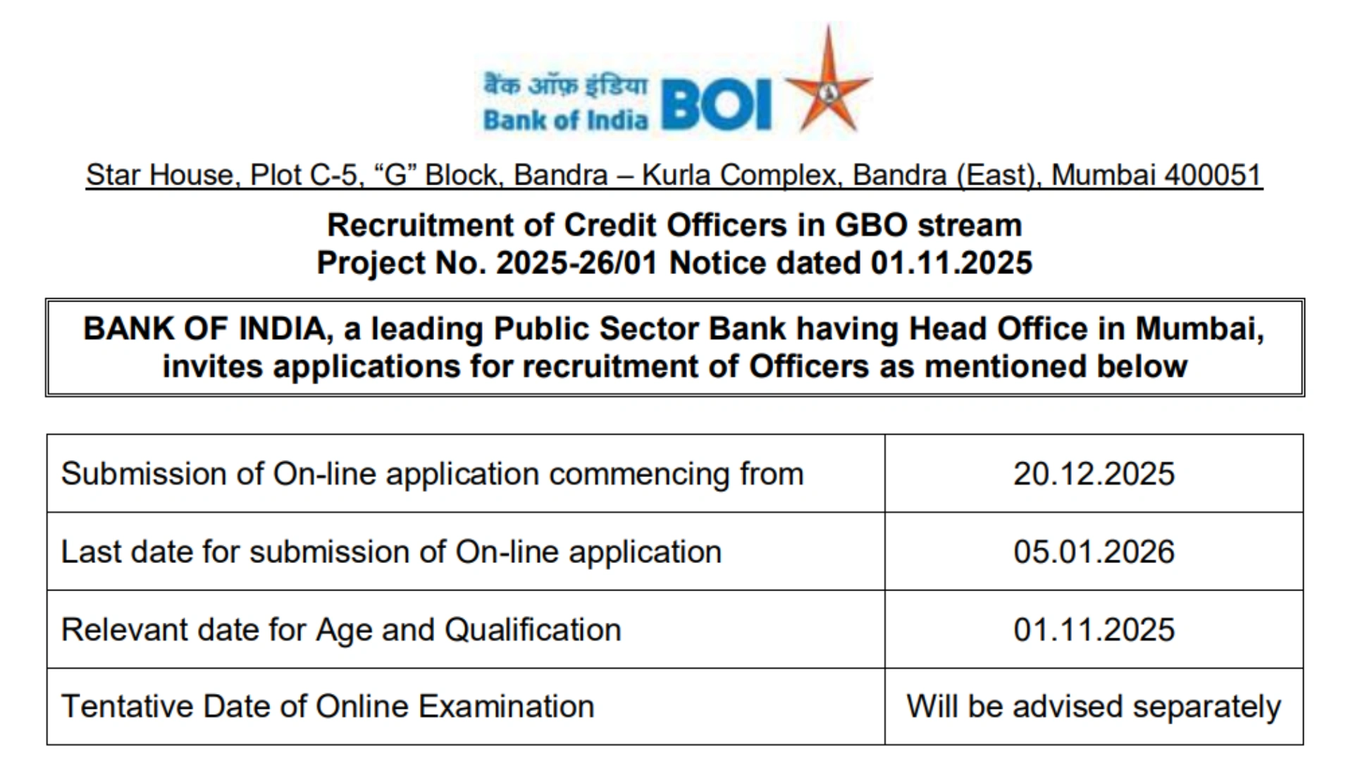Bank of India Credit Office Recruitment 2025 Notification Released for 514 Post, Apply Online
