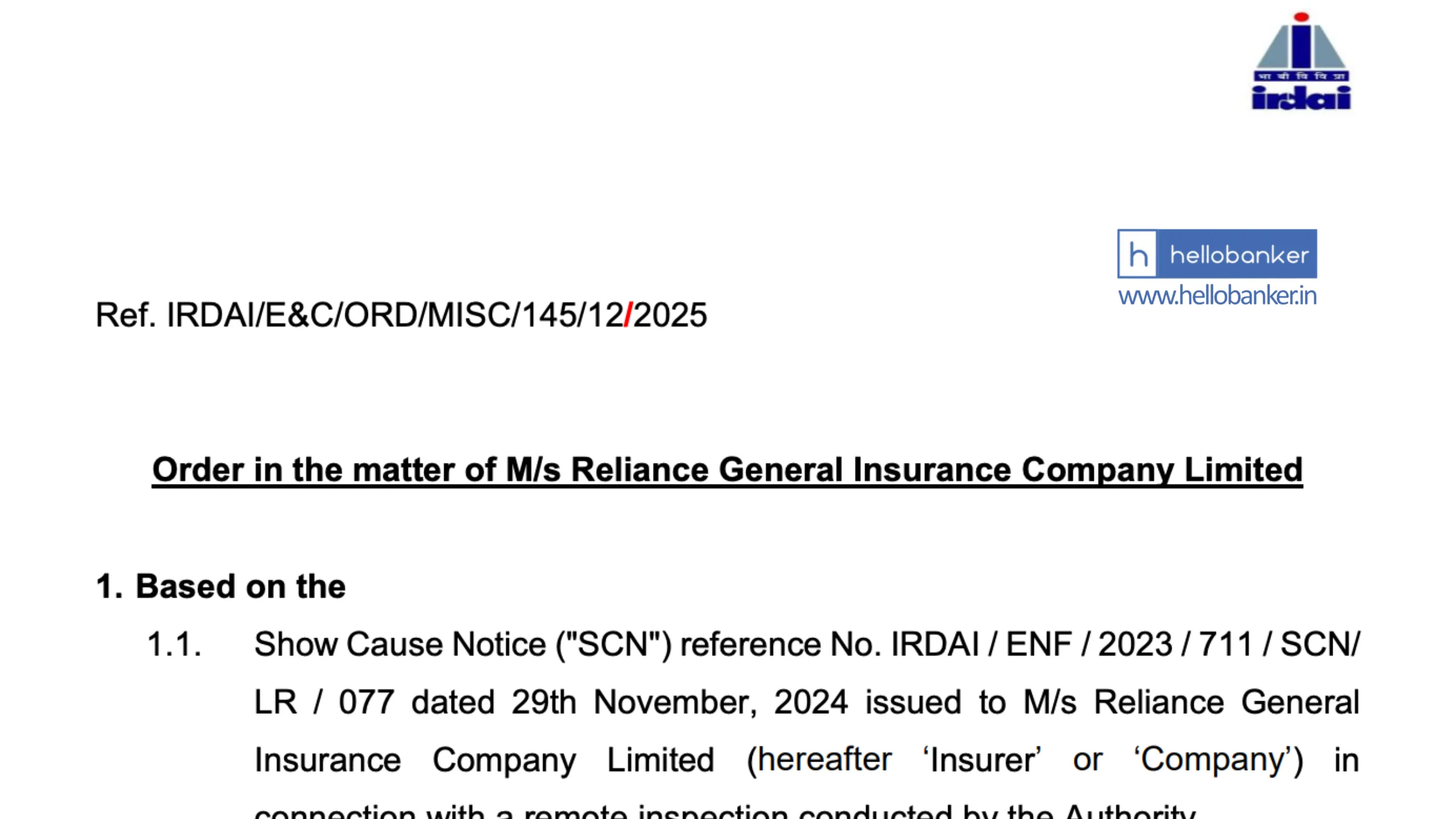 IRDAI imposes Penalty on Reliance General Insurance Company