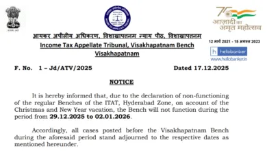Income Tax Appellate Tribunal Bench will not function for 5 Days on account of Christmas and New Year Vacation