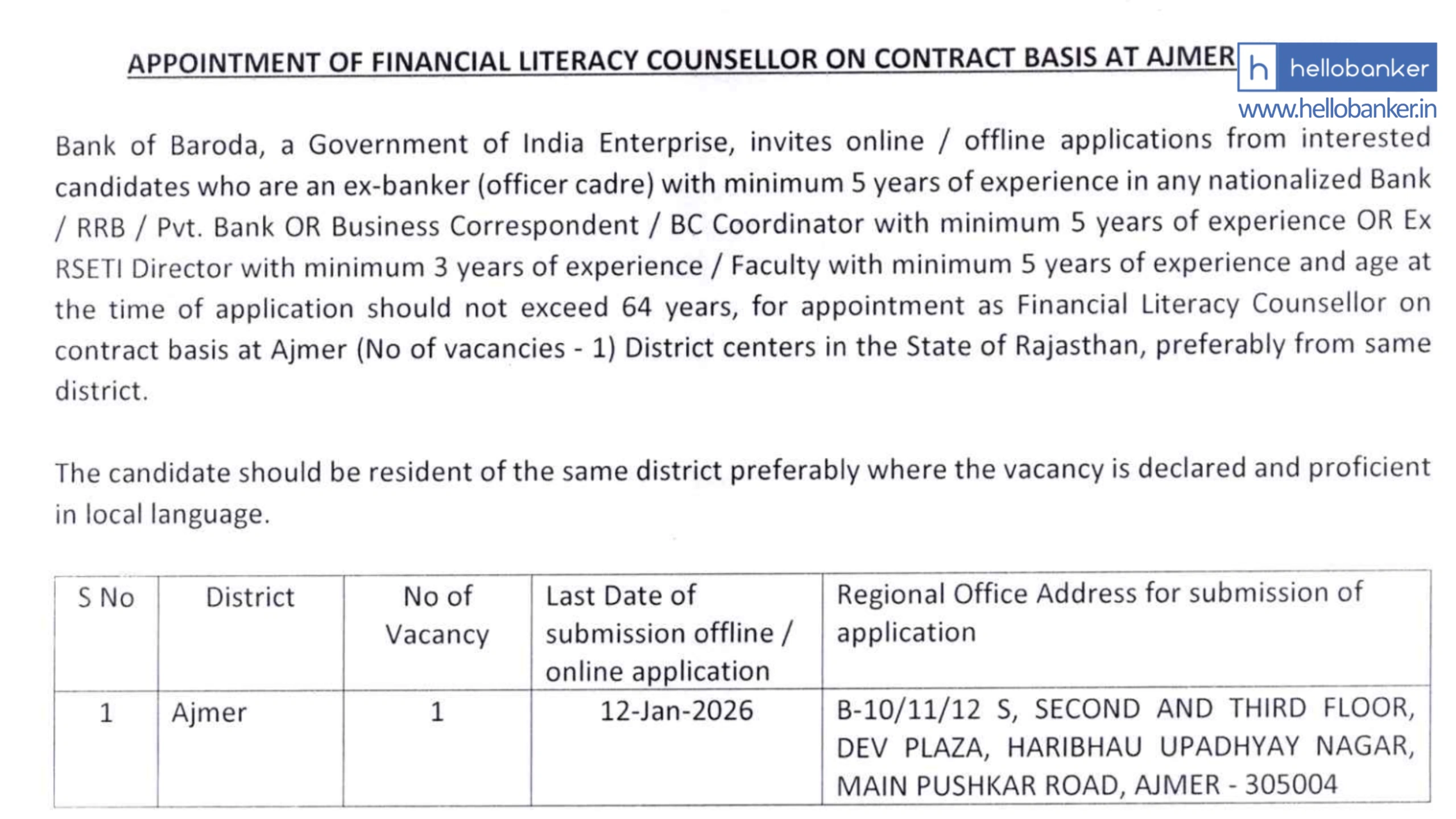 Bank of Baroda Hiring for FLC post in Ajmer