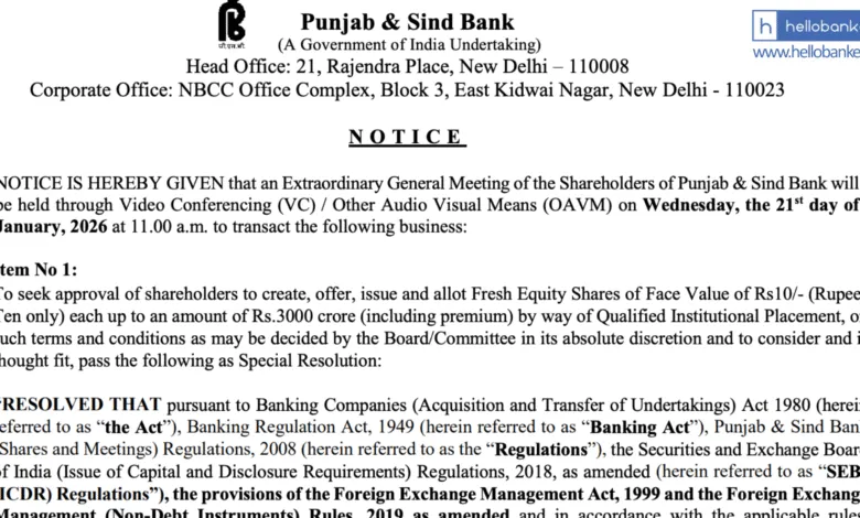 Punjab & Sind Bank plans to Raise Rs.3000 Crore, Extraordinary General Meeting to be held on 21 Jan
