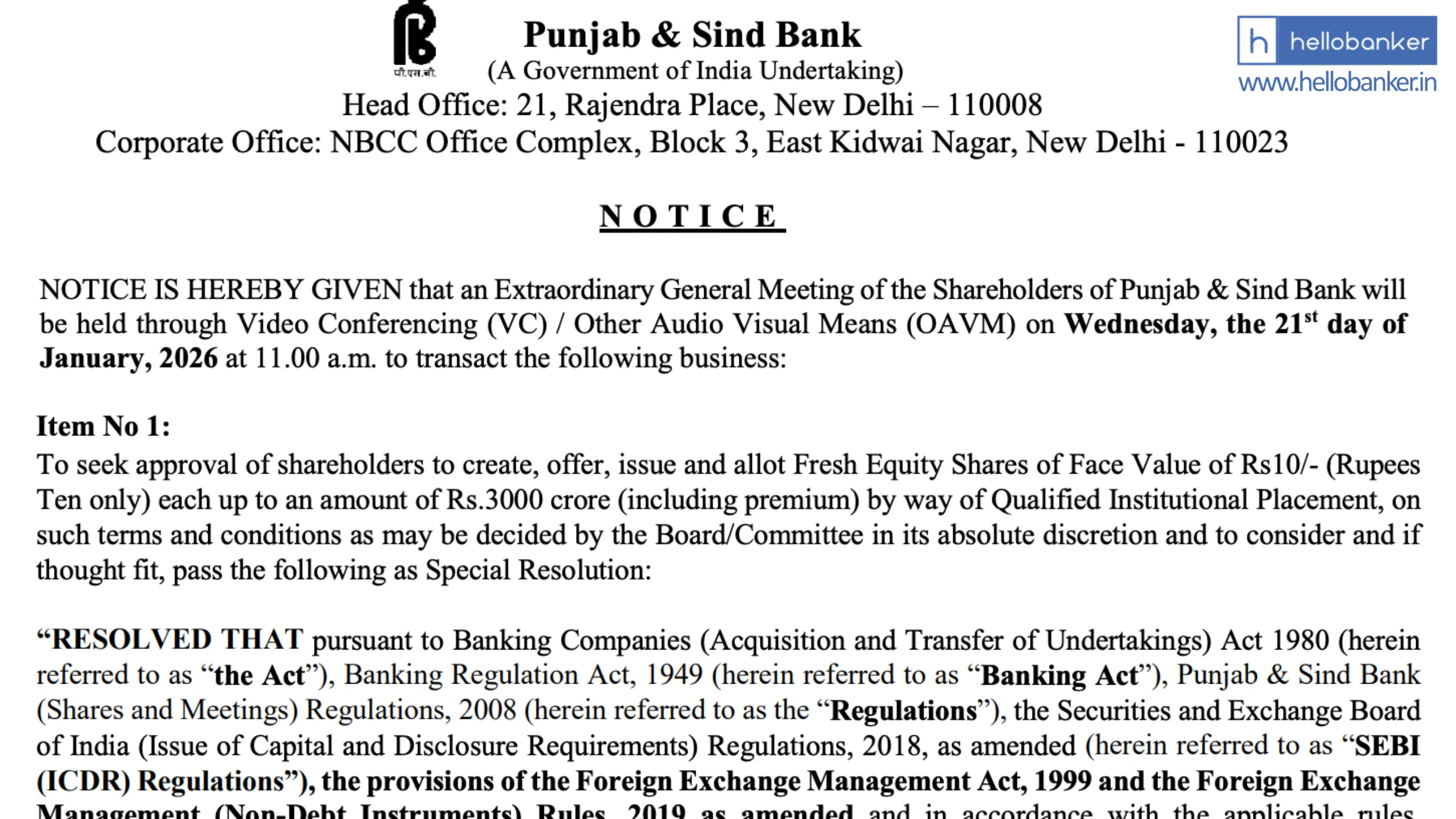 Punjab & Sind Bank plans to Raise Rs.3000 Crore, Extraordinary General Meeting to be held on 21 Jan