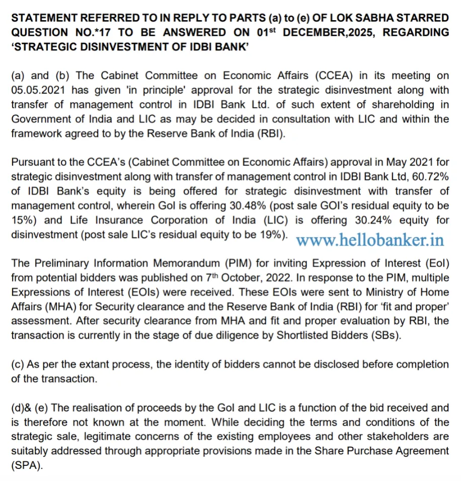 Government Reply in Lok Sabha related to Privatisation of IDBI Bank
