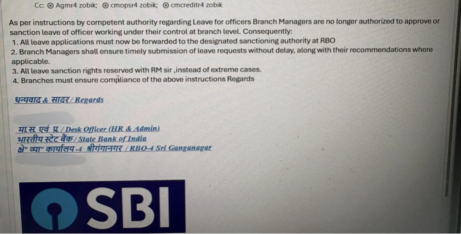SBI RM goes strict on Leaves, No Employee will get leave without RM permission