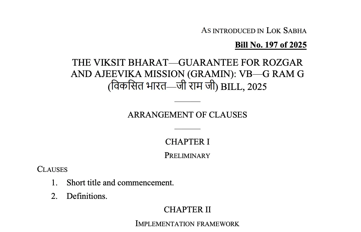 Viksit Bharat - Guarantee for Rozgar and Ajeevika Mission (Gramin): VB - GRAM G Bill 2025