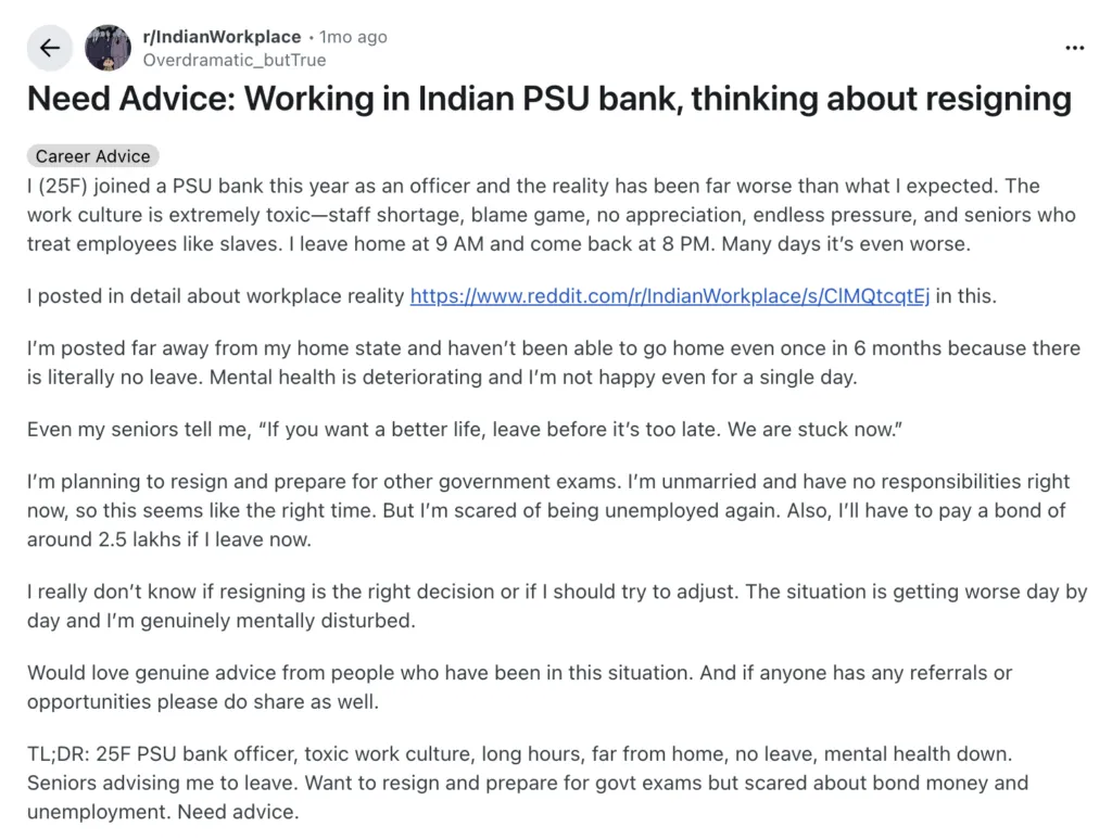 Reddit post by a woman working in a PSU Bank