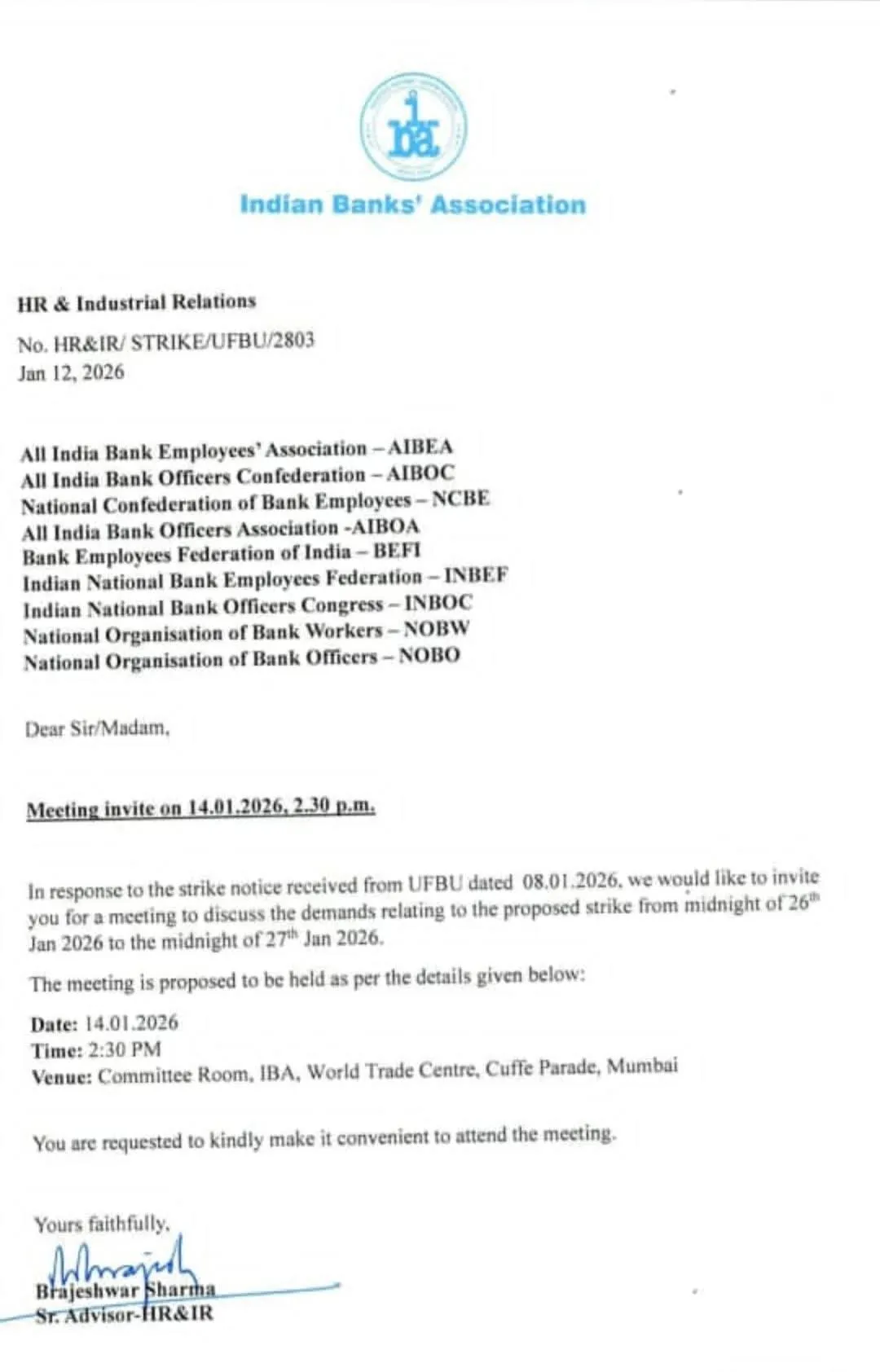 IBA Invites Bank Unions for Meeting on Proposed Strike on 27 January