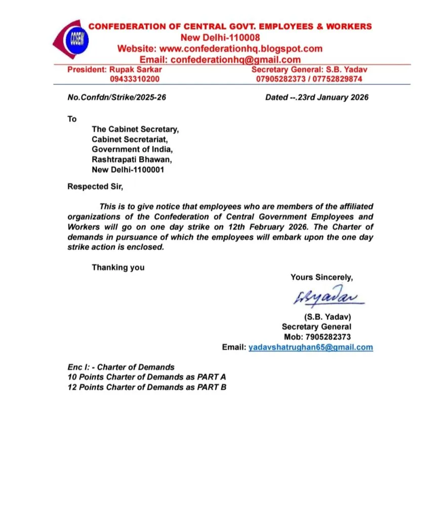 Letter from central Trade union stating strike on 12 February 2026
