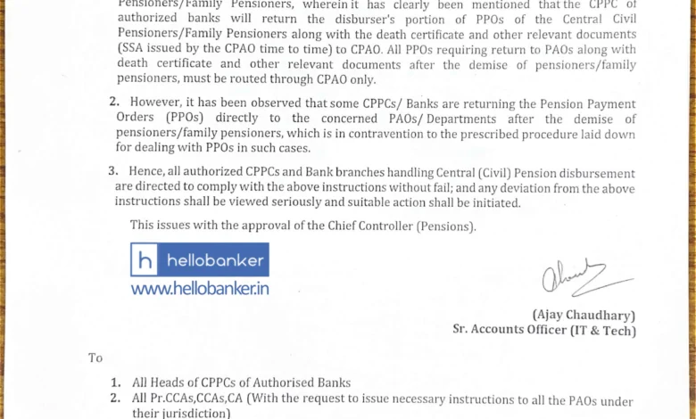 CPAO Letter: Banks must send PPOs only to CPAO after death of Pensioner