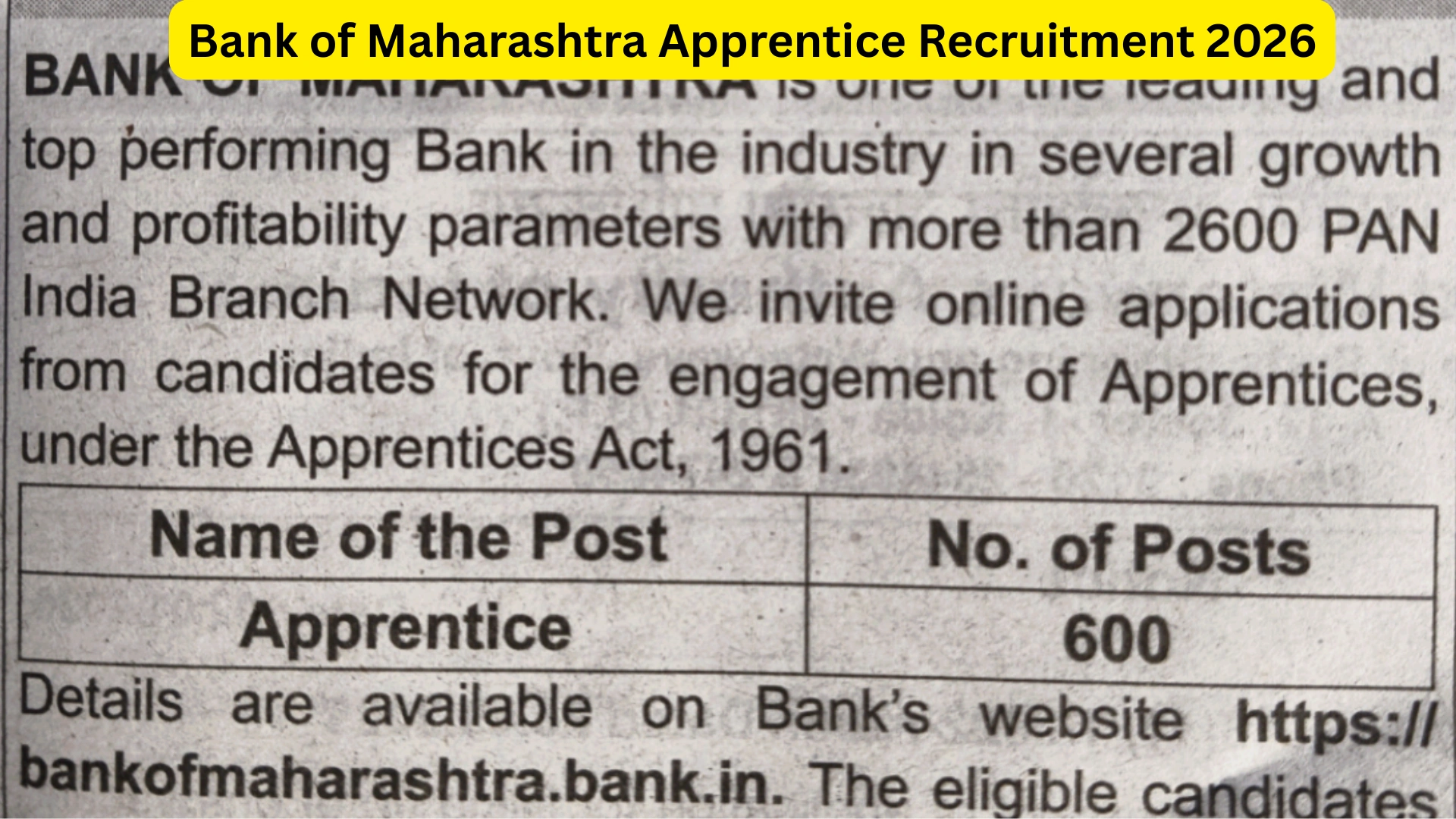 Bank of Maharashtra Apprentice Recruitment 2026 Notification Released for 600 Posts, Apply Online