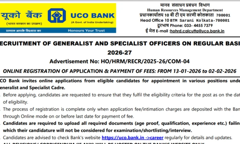 UCO Bank Generalist & Specialist Officers Recruitment 2026 Notification Released for 173 Posts
