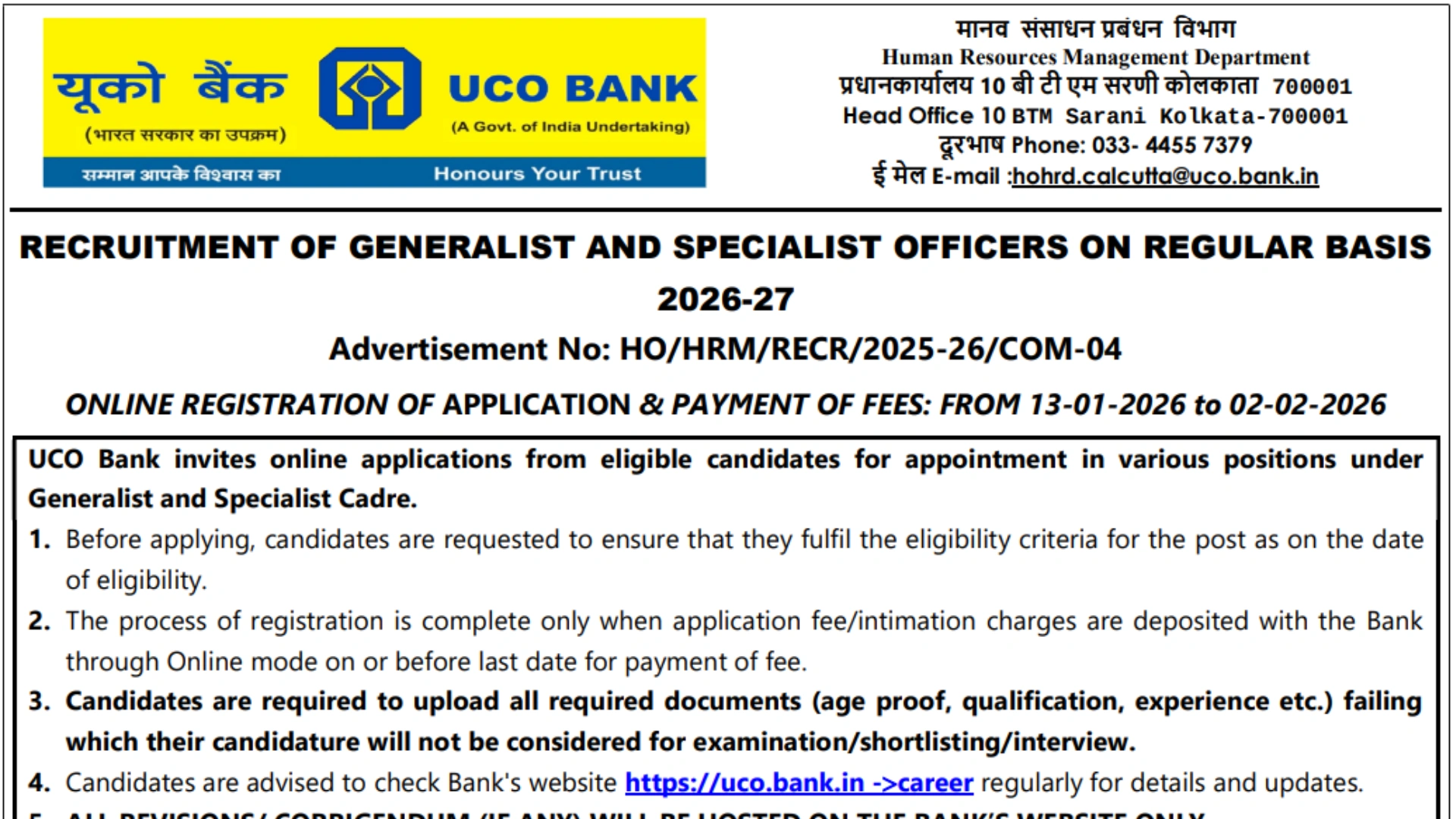 UCO Bank Generalist & Specialist Officers Recruitment 2026 Notification Released for 173 Posts