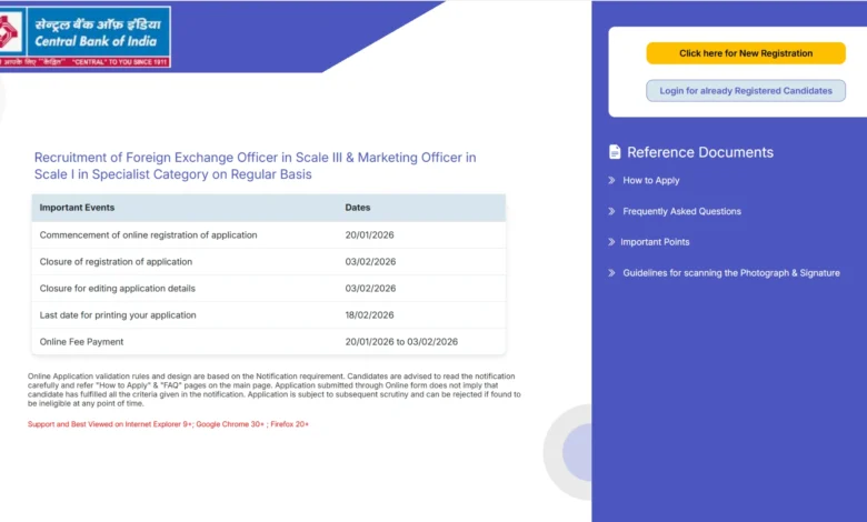 Central Bank of India Recruitment 2026 Notification Out for 350 Foreign Exchange Officer & Marketing Officer Posts