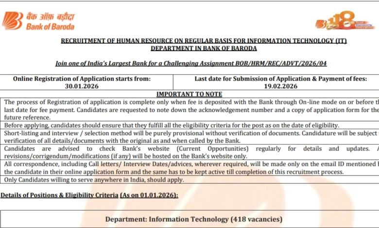 Bank of Baroda IT Recruitment 2026 Notification Out for 418 Posts