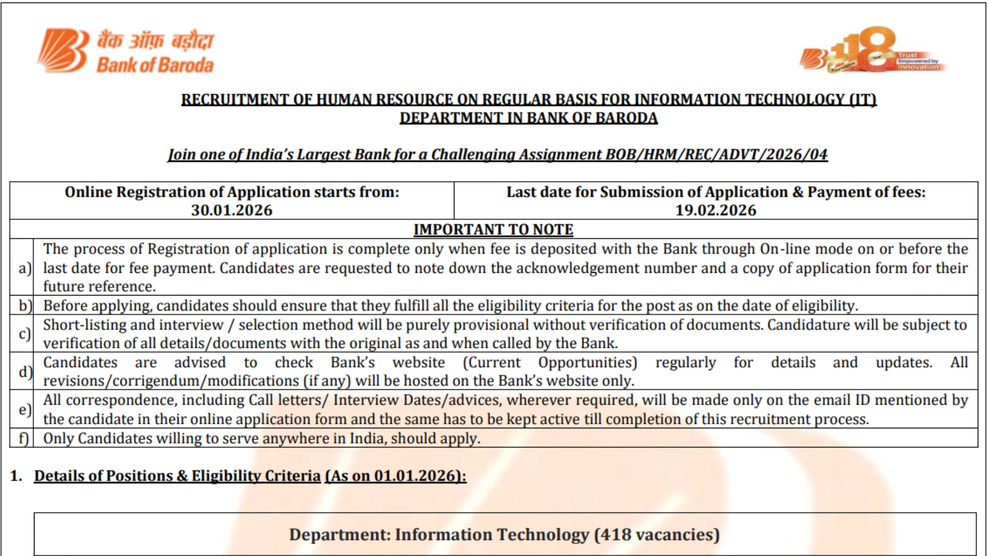 Bank of Baroda IT Recruitment 2026 Notification Out for 418 Posts