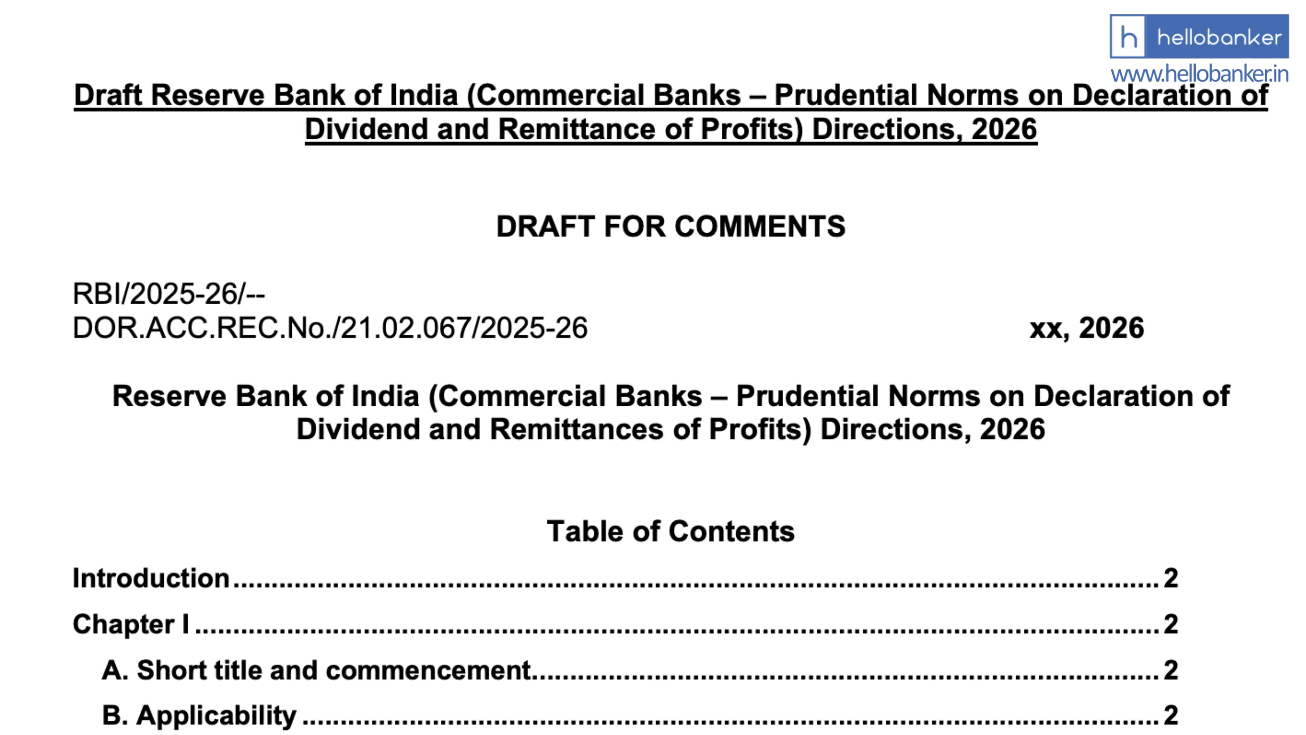 RBI released draft directions on Prudential Norms on Dividend and Remittance of Profit 2026