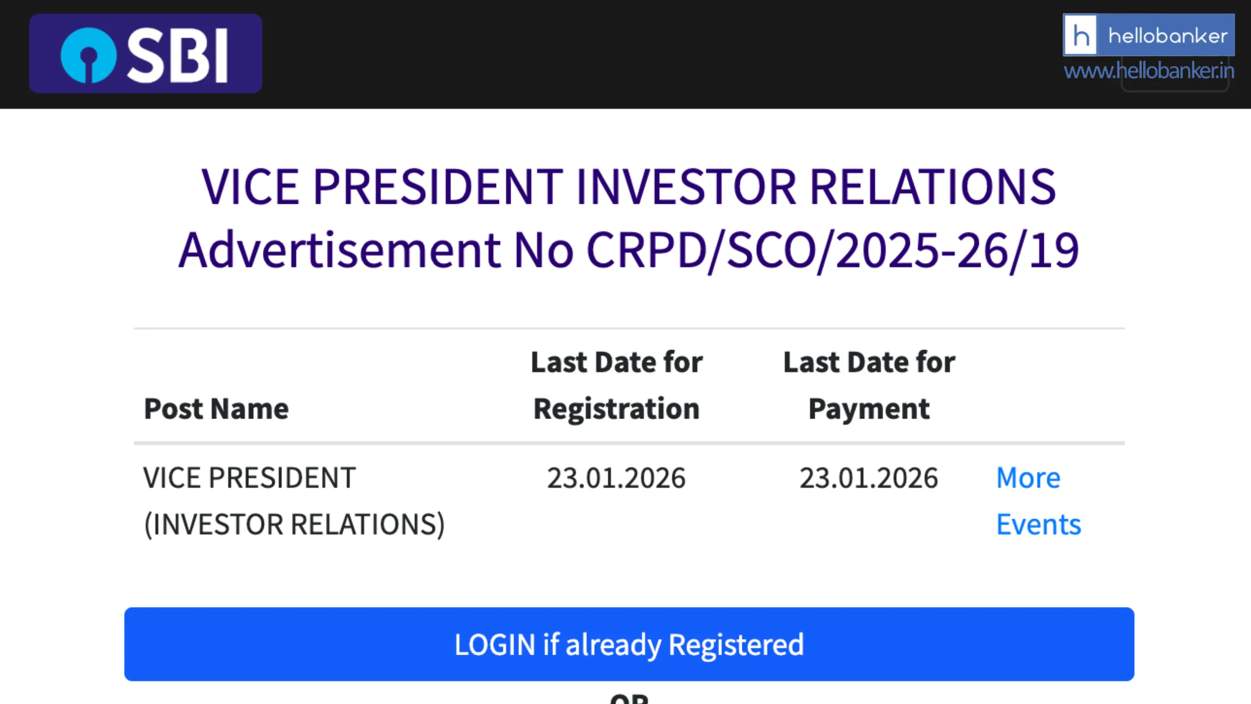 SBI Vacancy released for Vice President (Investor Relations)