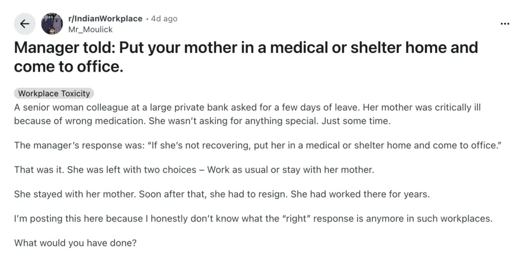 Bank Manager denied leave to Staff to care take of her mother: Reddit post
