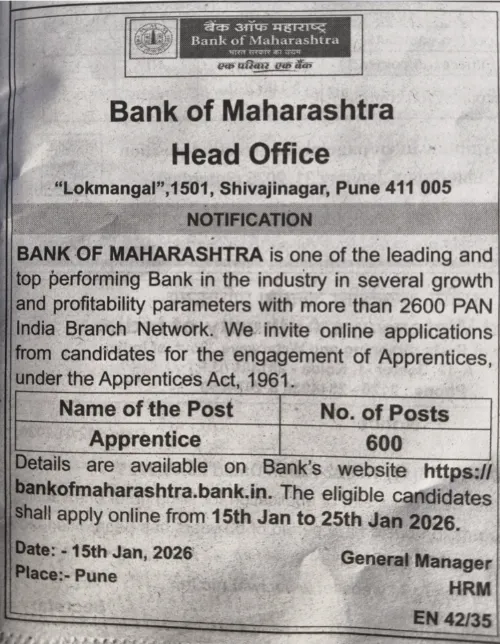 Bank of Maharashtra Apprentice Recruitment 2026 Notification