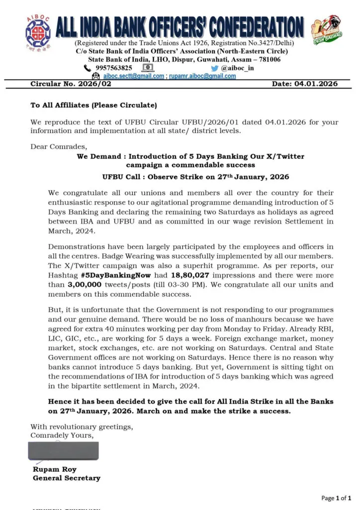 AIBOC Letter declaring All India Bank Strike on 27 January 2026 for 5 Day Banking