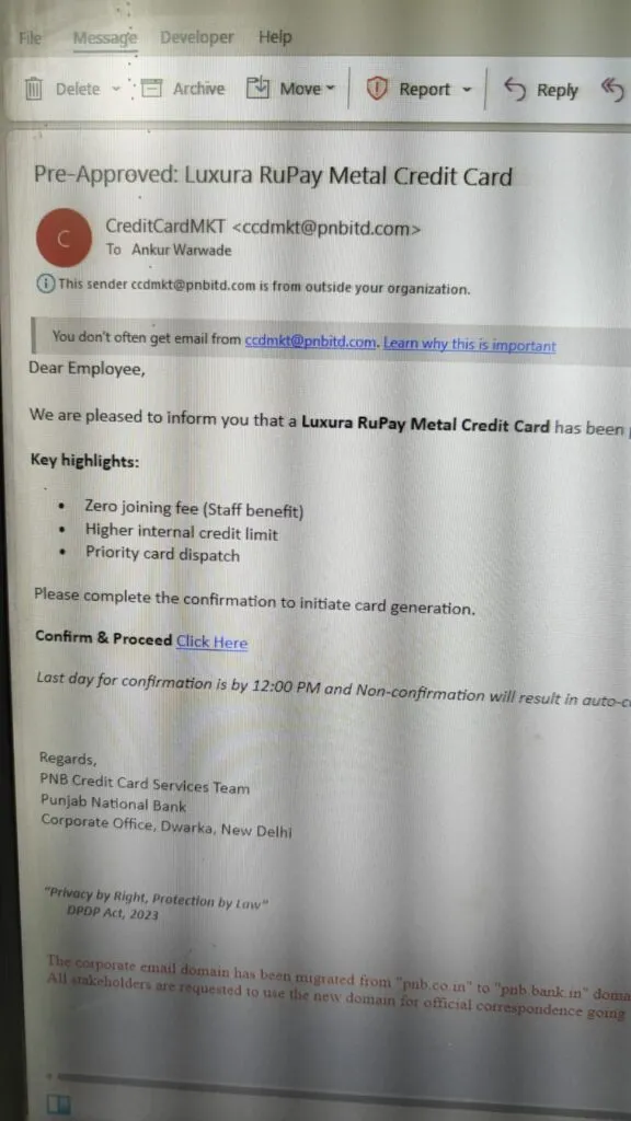 Phishing Email received by PNH employees. Email urged users to click on link and apply for Luxura Metal credit card