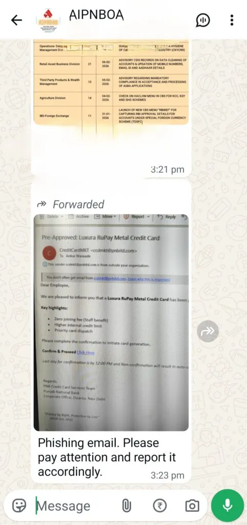 Users in AIPNBOA whatsapp group informing about phishing attack