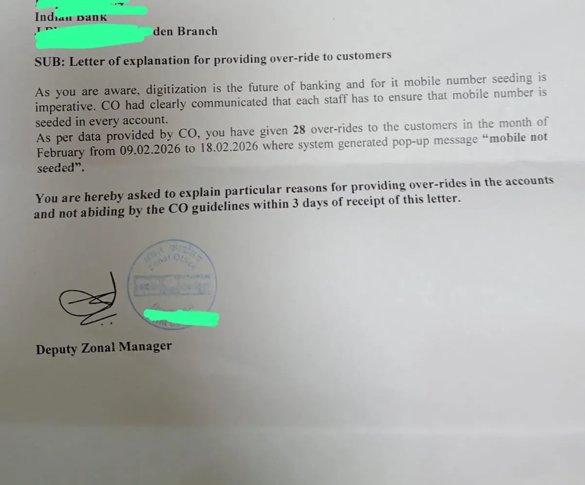 An explanation letter issued by Indian Bank Zonal Office is going viral on social media.