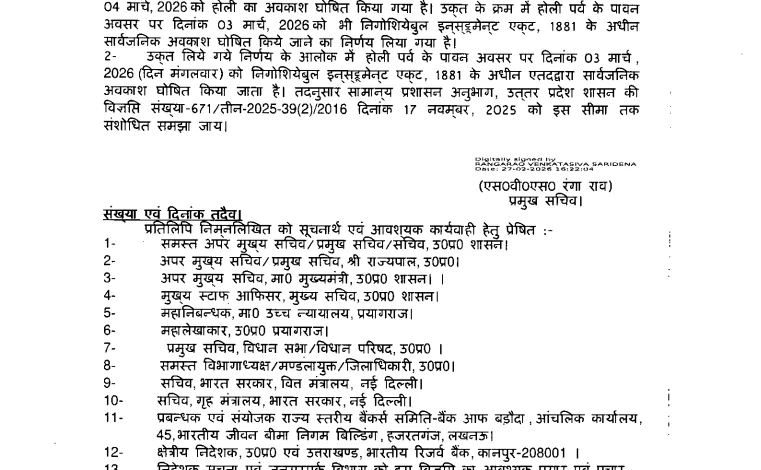 UP Govt declares Holiday on 3rd March