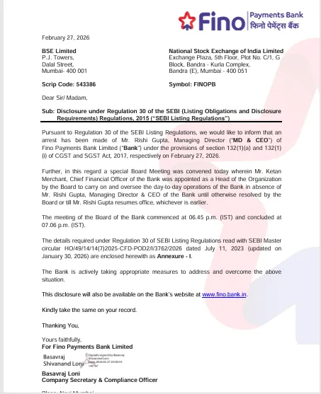 Fino Payments Bank MD&CEO arrested