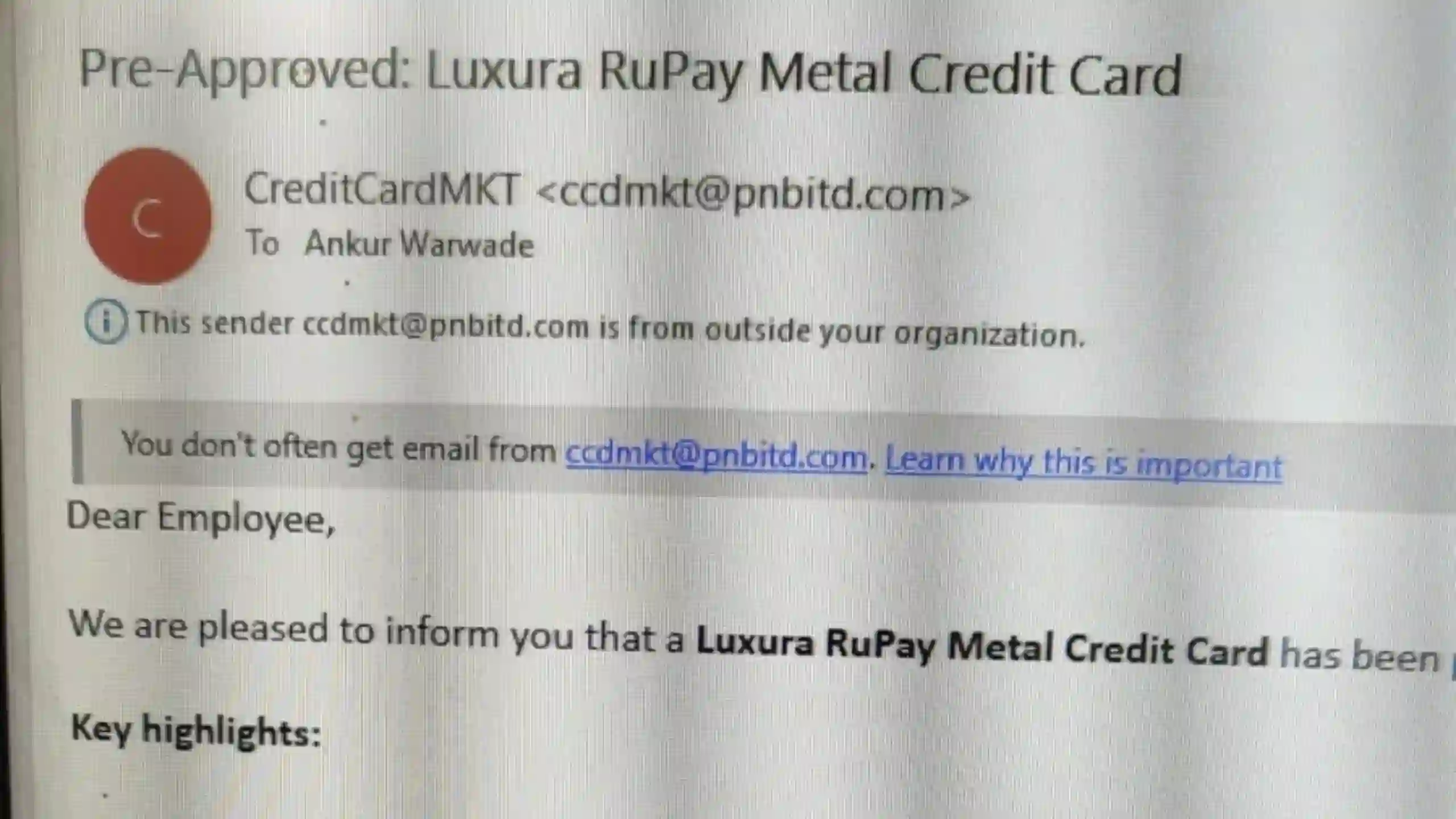 PNB employees received phishing email on their email address regarding Luxura Credit card