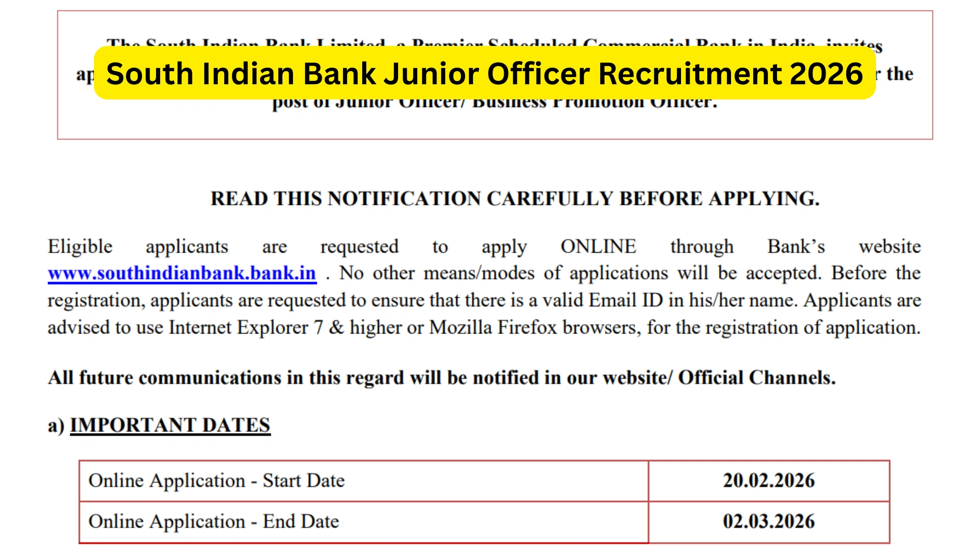 South Indian Bank (SIB) Recruitment 2026 Notification Released for Junior Officer Post