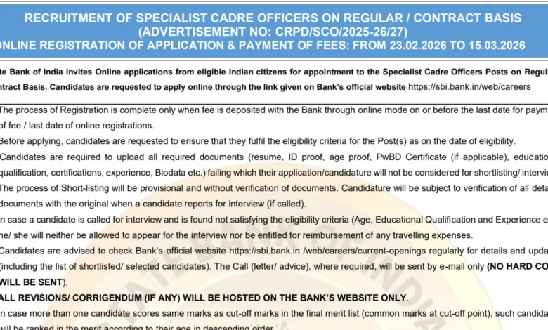SBI Bank Specialist Cadre Officers (SCO) Recruitment 2026 Notification Released for 116 Various Posts
