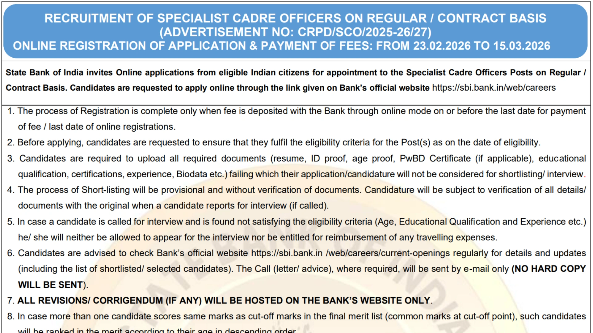 SBI Bank Specialist Cadre Officers (SCO) Recruitment 2026 Notification Released for 116 Various Posts