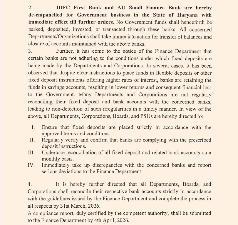 Haryana Govt de-empanels IDFC First Bank for Govt Business