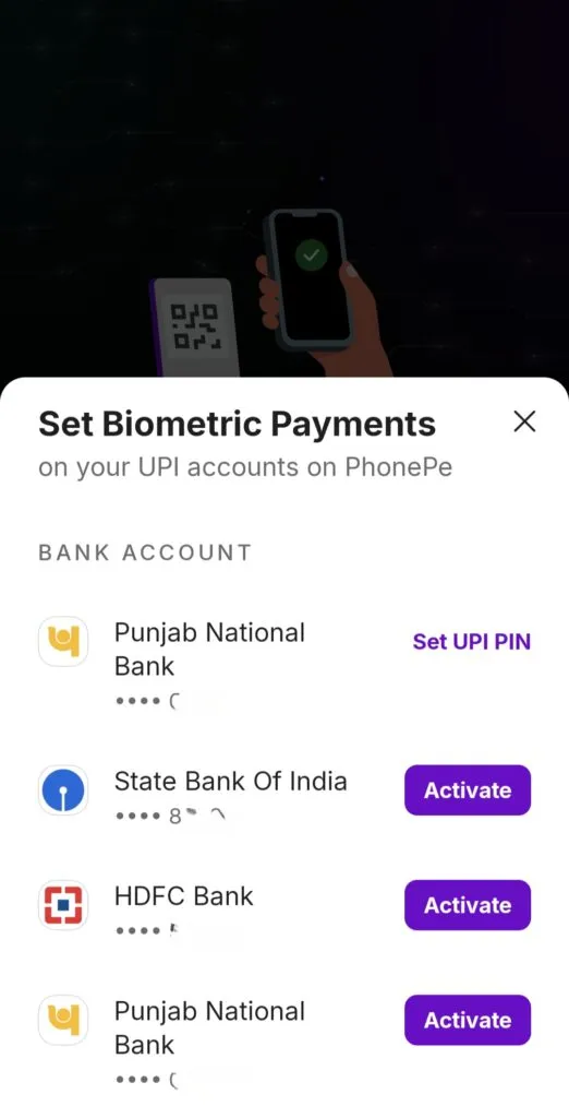 PhonePe Biometric Authentication for UPI: Select Bank for activation
