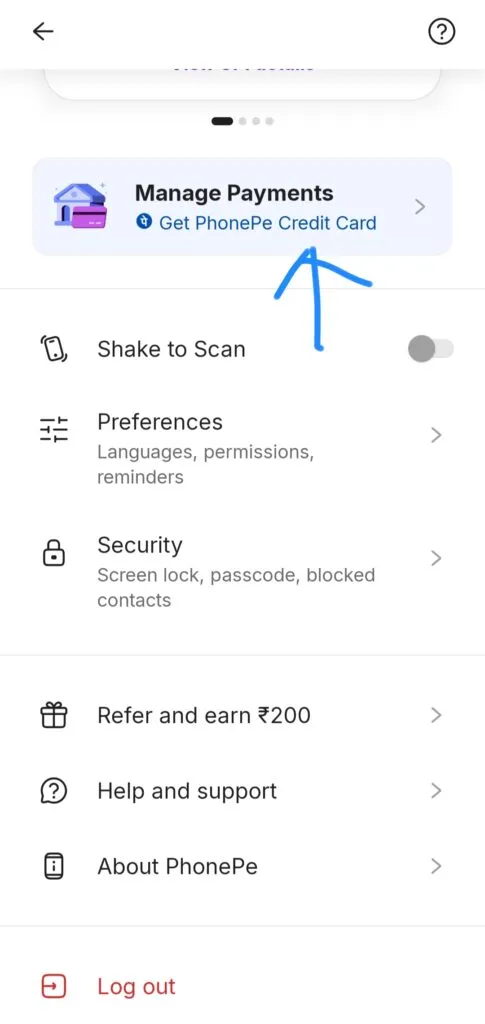 PhonePe Biometric Authentication for UPI: click on manage payments