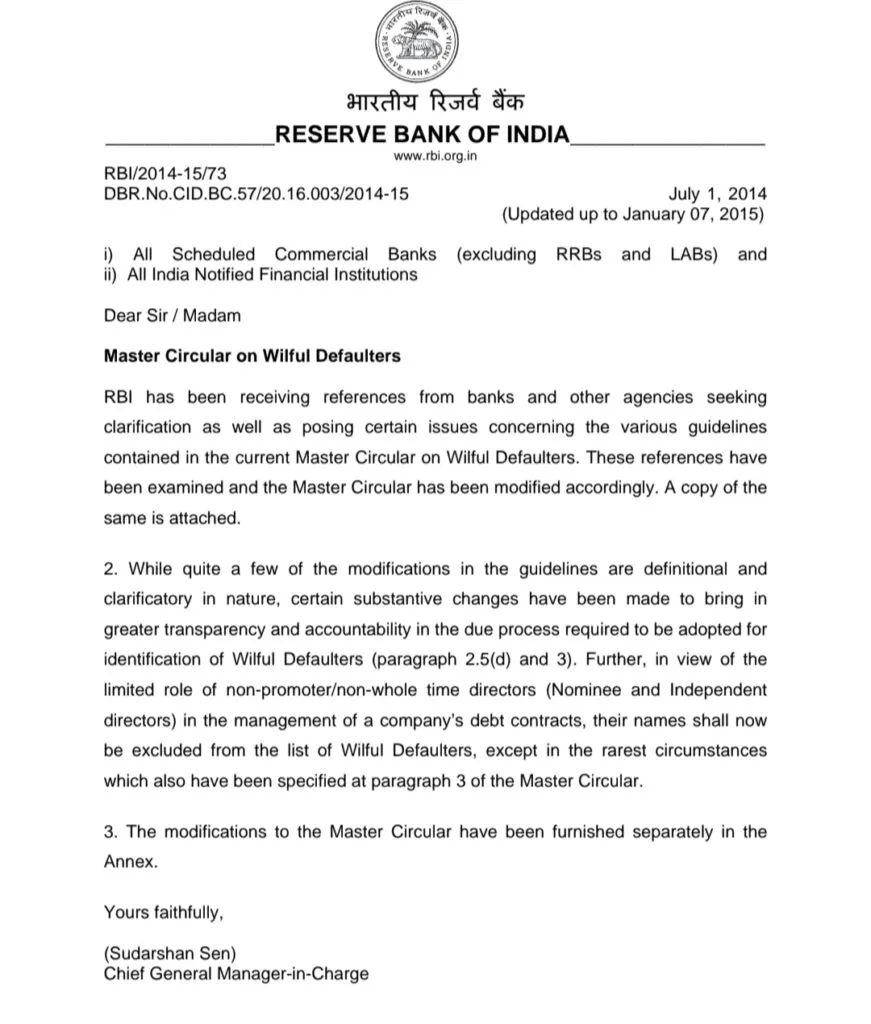 RBI Circular on Wilful Defaulter