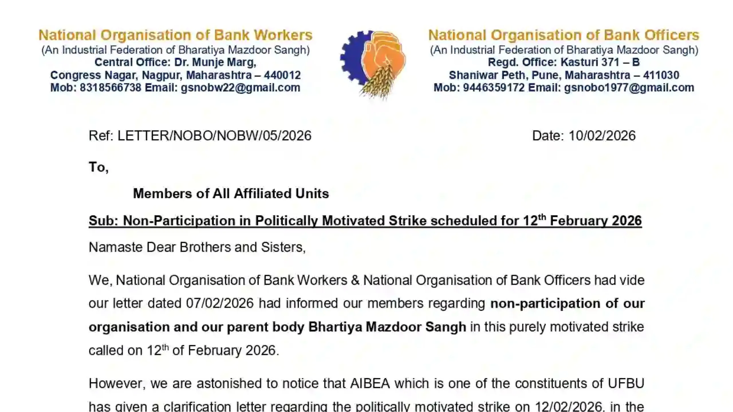 NOBO criticizes AIBEA GS, calls him anti-national and leftist