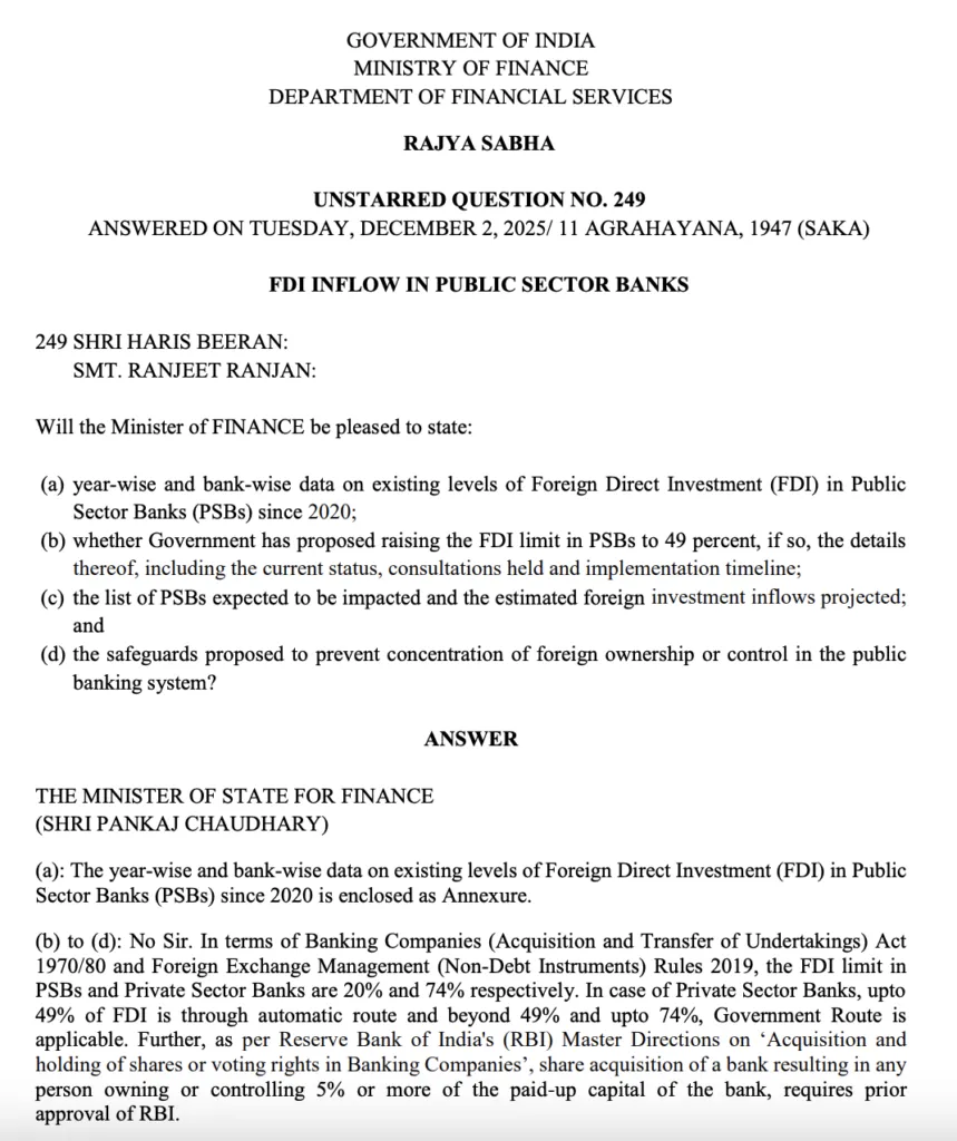 Government's reply in Rajya Sabha regarding increasing FDI limit in PSU Banks