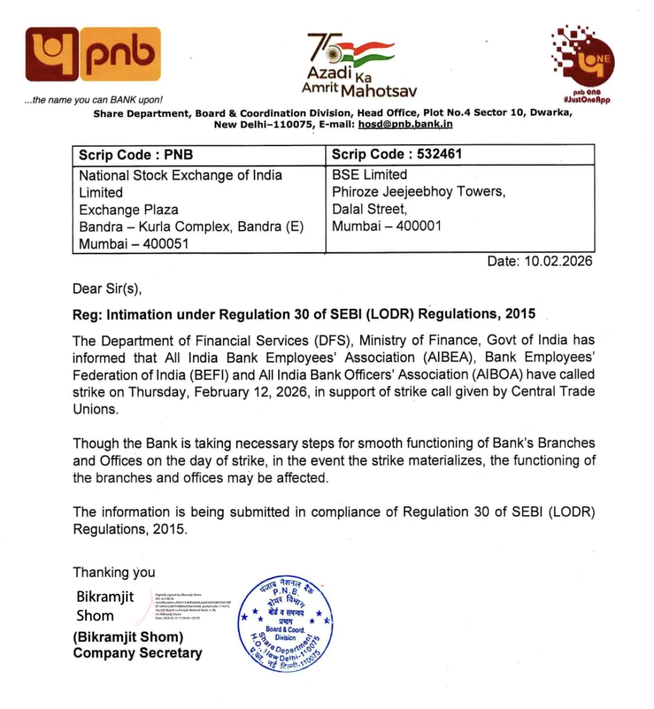 PNB issues advisory on Strike on 12 February 2026