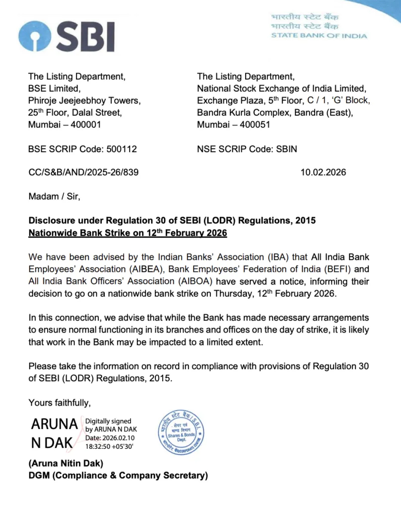SBI confirms Strike on 12 February 2026