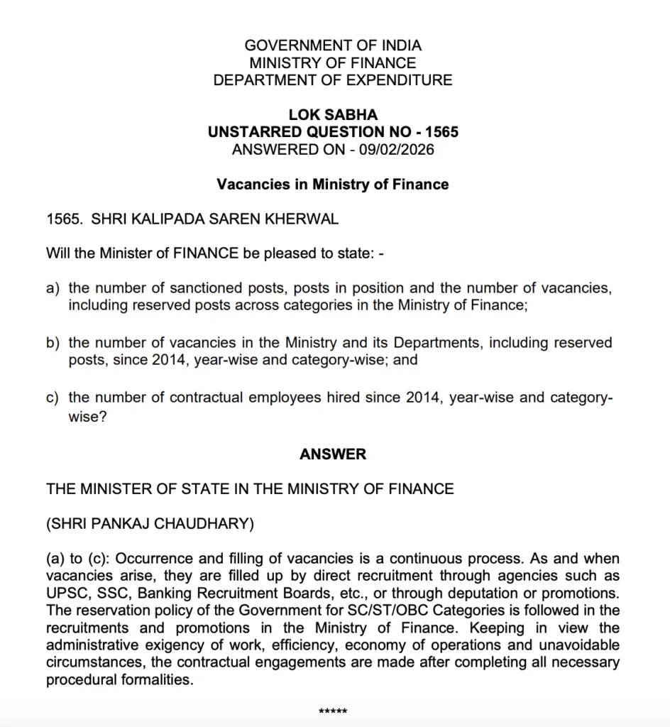 Government's reply in Lok Sabha when asked about number of vacancies in Ministry of Finance