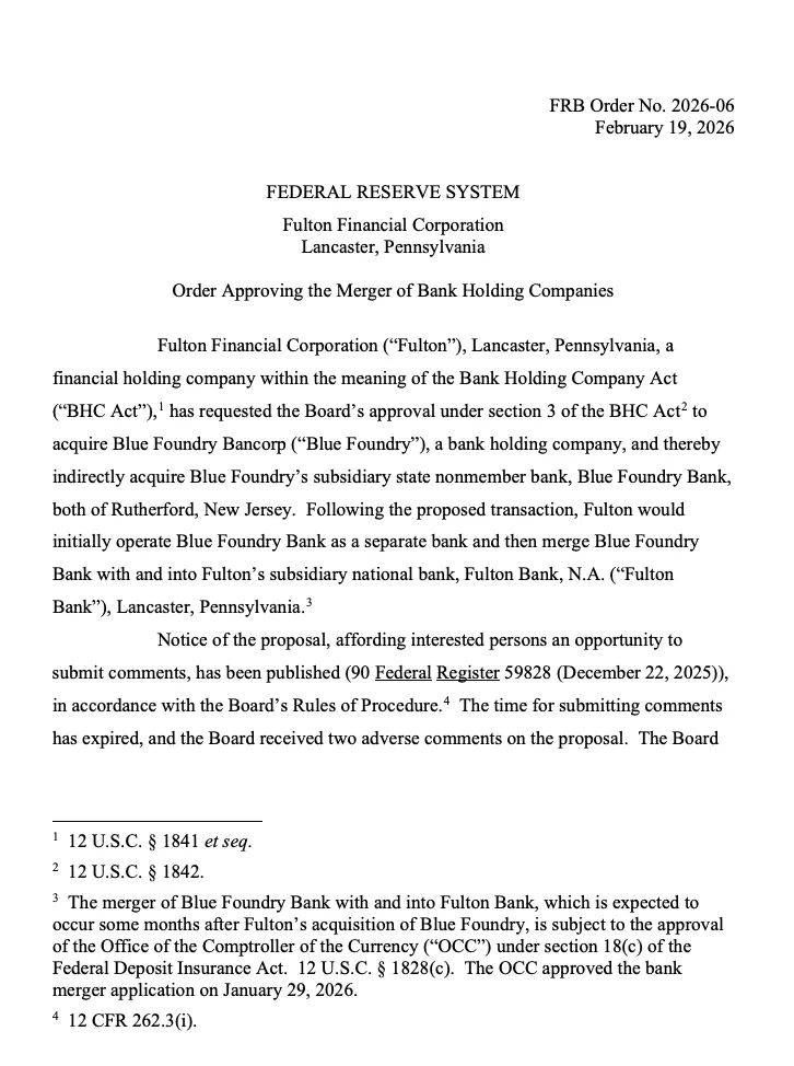US order allowing Fulton Financial to Acquire Blue Foundry Bancorp