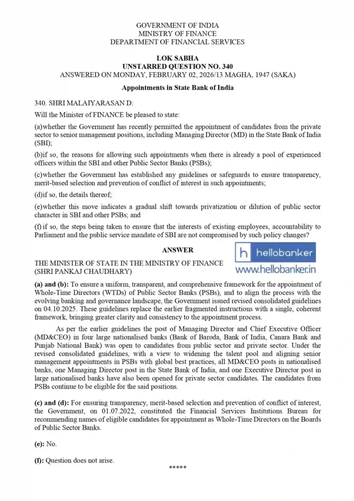 Govt Reply in Parliament: Govt has confirmed that MD&CEO of PSU Banks will be opened to private sector candidates.