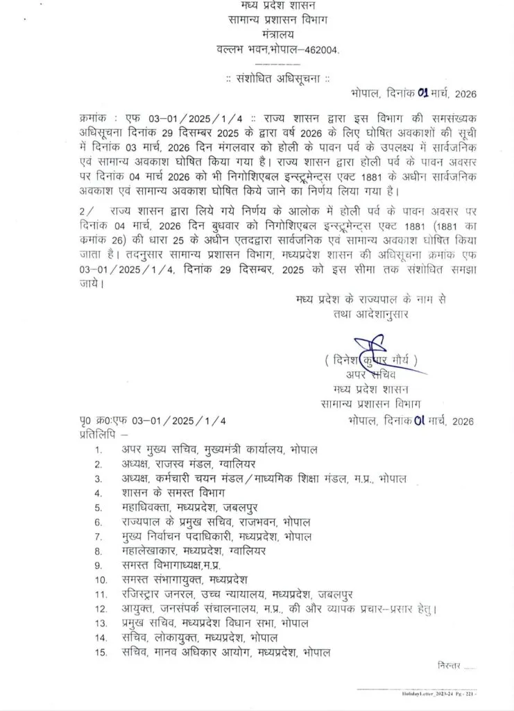 Madhya Pradesh Government declares holiday on 4th March 2026