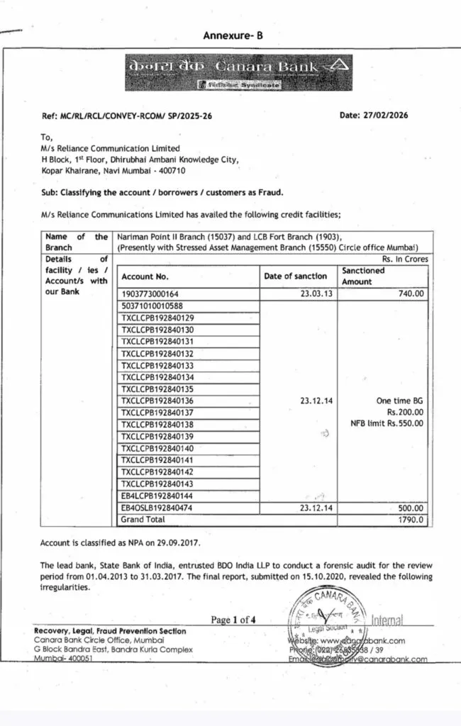 Canara Bank letter declaring Reliance Communications Account as Fraud