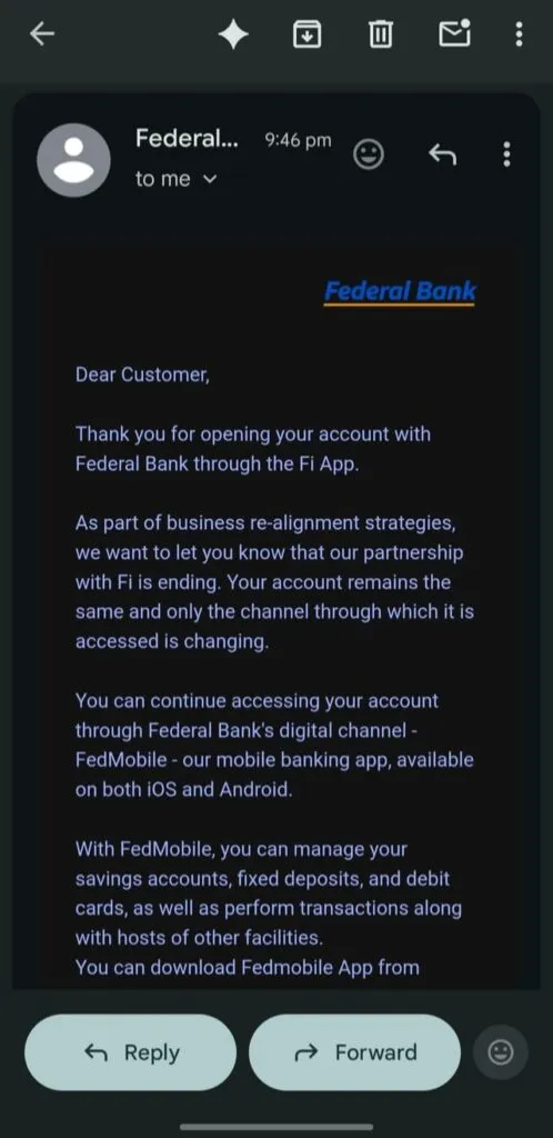 Email from Federal Bank stating termination of partnership with Fi